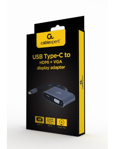 Cablexpert USB Type-C to HDMI and VGA display adapter A-USB3C-HDMIVGA-01 0.15 m, Grey, USB Type-C