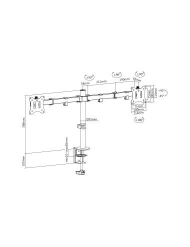 Digitus Dual Monitor Clamp Mount DA-90400 15-32 ", Maximum weight (capacity) 8 kg, Black