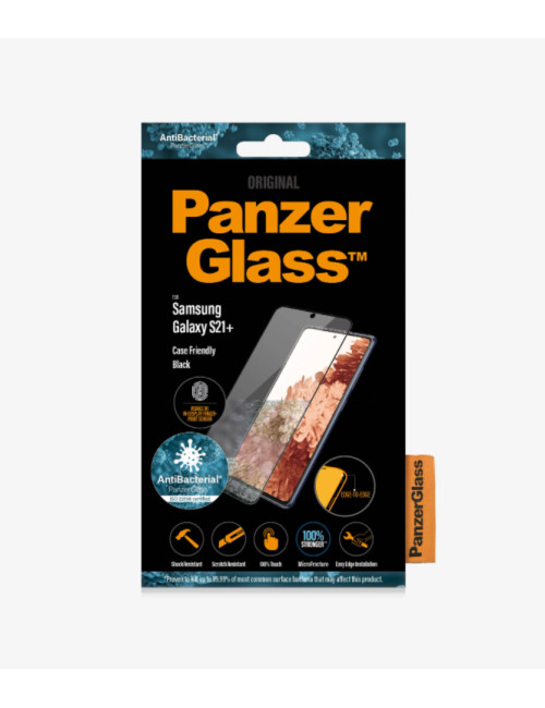 PanzerGlass Samsung, Galaxy S21+ Series, Antibacterial glass, Black, Antifingerprint screen protector, Case Friendly, Compatible