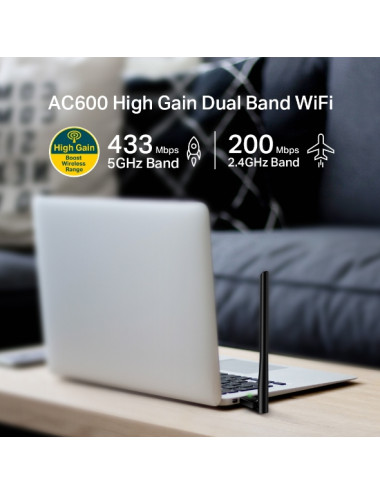 TP-LINK Dual Band USB 2.0 Adapter Archer T2U Plus 2.4GHz/5GHz, 802.11ac, 200+433 Mbps, 1xExternal antenna 5dBi