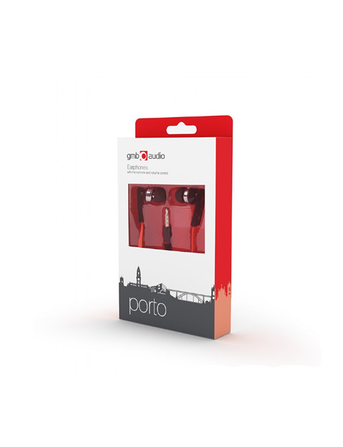 Gembird Porto earphones with microphone and volume control with flat cable 3.5 mm, Red/Black, Built-in microphone