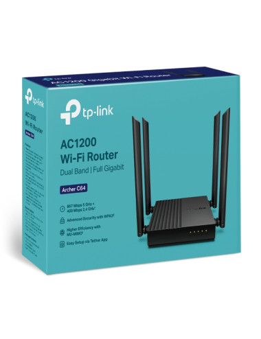 TP-LINK AC1200 Wireless MU-MIMO Wi-Fi Router Archer C64 802.11ac, 867+400 Mbit/s, Ethernet LAN (RJ-45) ports 4, MU-MiMO Yes, Ant