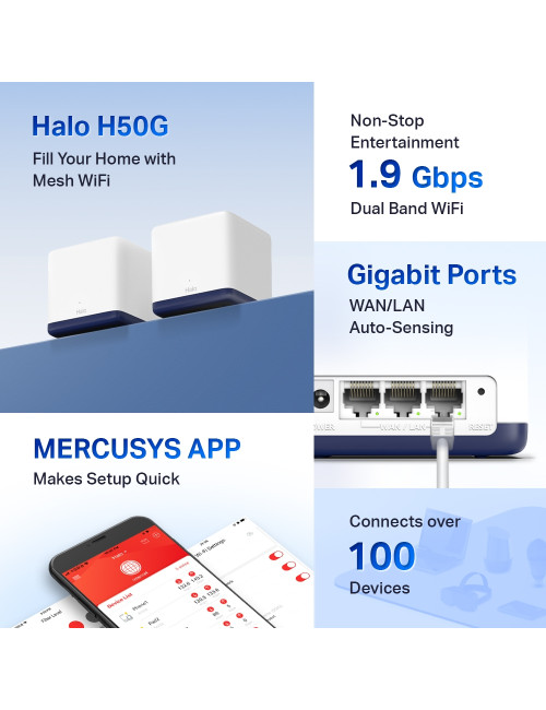 Mercusys AC1900 Whole Home Mesh Wi-Fi System Halo H50G (2-Pack) 802.11ac, 600+1300 Mbit/s, Ethernet LAN (RJ-45) ports 3, Mesh Su