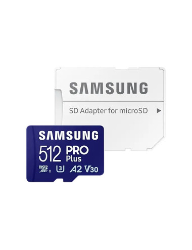Samsung PRO Plus microSD Card with Adapter 512 GB, MicroSDXC, Flash memory class U3, V30, A2
