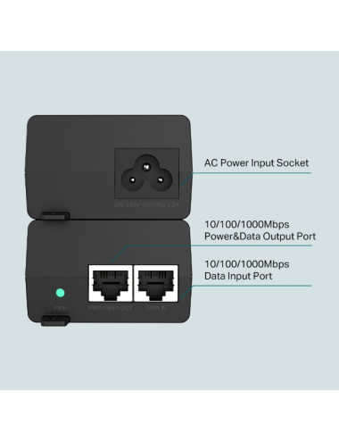 TP-LINK PoE+ Injector Adapter TL-POE160S 10/100/1000 Mbit/s Ethernet LAN (RJ-45) ports 1x10/100/1000Mbps RJ45 data-in port, 1x10