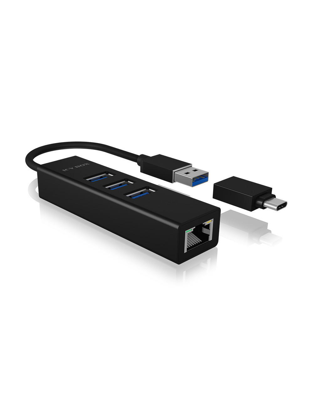 Raidsonic 4 Port Hub with USB 3.0 Type-A, Type-C, Gigabit LAN Icy Box IB-HUB1419-LAN