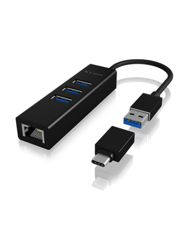 Raidsonic 4 Port Hub with USB 3.0 Type-A, Type-C, Gigabit LAN Icy Box IB-HUB1419-LAN