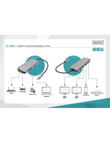 Digitus USB-C Universal Docking Station, 8 Port Dock Ethernet LAN (RJ-45) ports 1 USB 3.0 (3.1 Gen 1) ports quantity 2 HDMI port