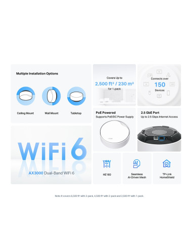 AX3000 Whole Home WiFi 6 System with PoE | Deco X50-PoE (1-pack) | 802.11ax | Ethernet LAN (RJ-45) ports 1 | Mesh Support Yes | 