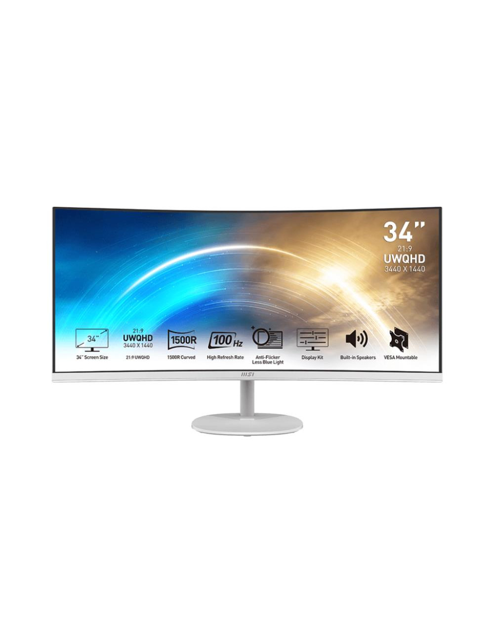 LCD Monitor|MSI|PRO MP341CQW|34"|Business/Curved/21 : 9|Panel VA|3440x1440|21:9|100Hz|Matte|4 ms|Speakers|Tilt|Colour White|PROM