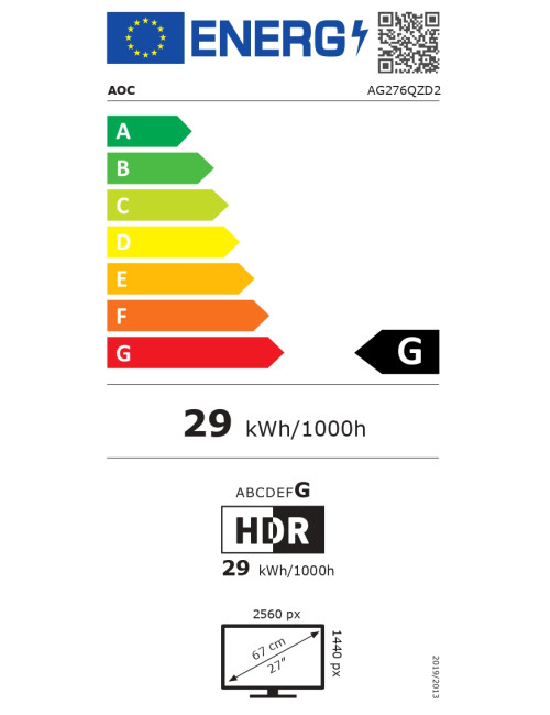 AOC AG276QZD2 | 26.7 " | OLED | QHD | 16:9 | 240 Hz | 0.03 ms | 2560 x 1440 pixels | 250 cd/m | HDMI ports quantity 2