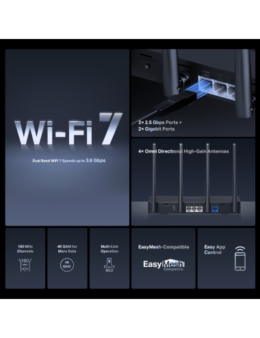 Mercusys BE3600 Dual-Band Wi-Fi 7 Router | MR27BE | 802.11be | 2880 Mbit/s | Ethernet LAN (RJ-45) ports 3 | Mesh Support Yes | M