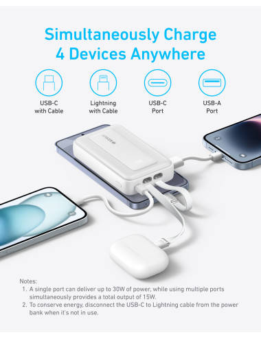 Anker | Power Bank | A1680H21 | 10000 mAh | USB-C 30W, Lightning 27W | Built-In USB-C and Lightning Cables | White