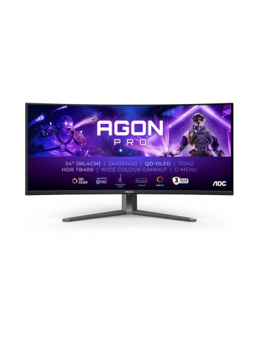 AOC AGON PRO AG346UCD | 34 " | OLED | WQHD | 21:9 | 175 Hz | 0.03 ms | 3440 x 1440 pixels | 250 cd/m | HDMI ports quantity 2