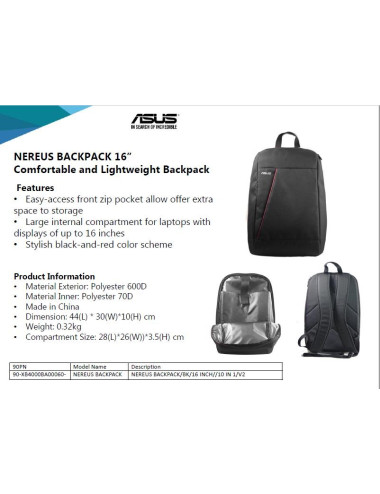 Asus | NEREUS | Fits up to size 16 " | Backpack | Black