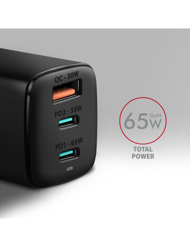 AXAGON GaN wallcharger 3x port (USB-A + 2x USB-C), 65W | ACU-DPQ65