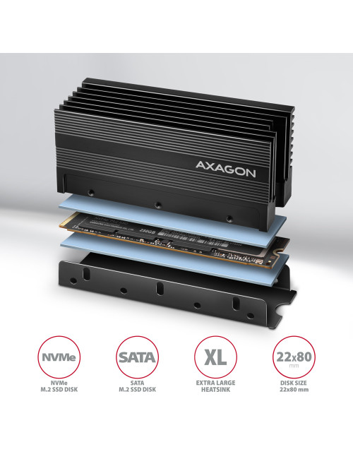 AXAGON Passive aluminum heatsink for single-sided and double-sided M.2 SSD disks, size 2280, height 36 mm | CLR-M2XL