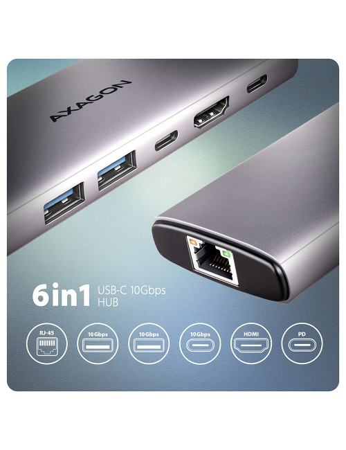 AXAGON Multi port USB-C 10Gbps hub | HMC-6G2L