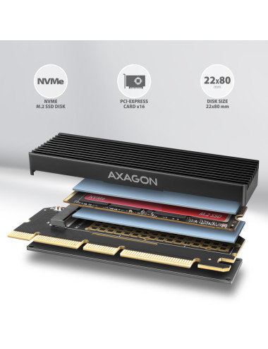 AXAGON PCI-Express x16 adapter with cooler for connecting an NVMe M.2 SSD drive to a computer | PCEM2-XS