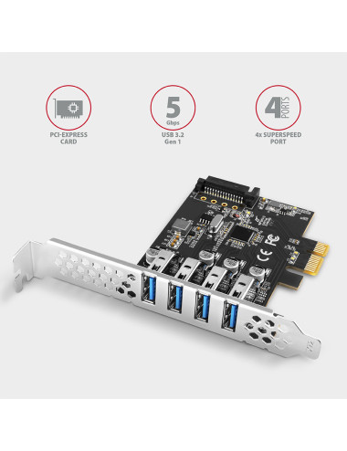 AXAGON PCI-Express card with four external USB 3.2 Gen1 ports with dual power | PCEU-43RS