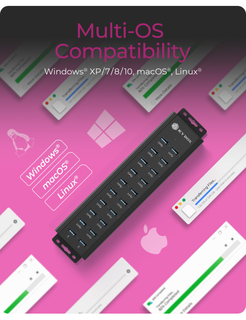 Raidsonic | 20-in-1 USB HUB with power supply, on/off button and mounting brackets | IB-HUB1720-U3