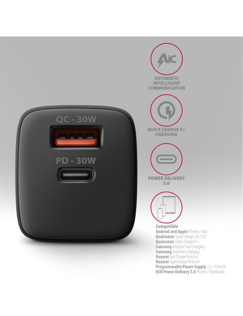 AXAGON Sil wallcharger 2x port (USB-A + USB-C), 30W | ACU-PQ30