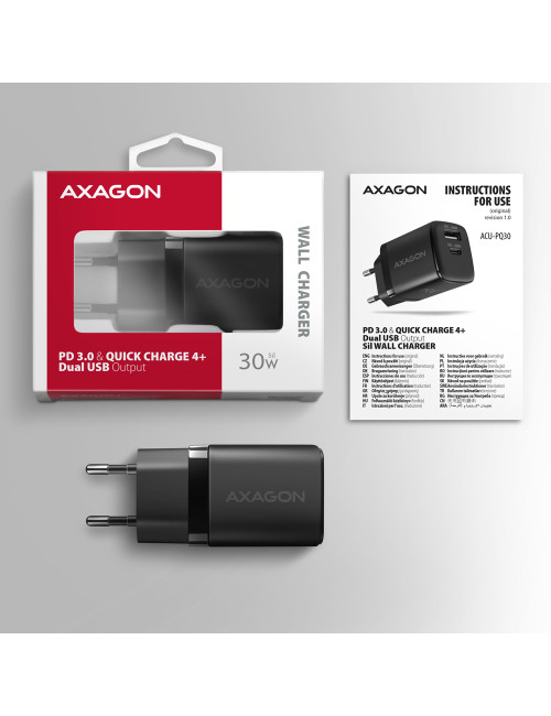 AXAGON Sil wallcharger 2x port (USB-A + USB-C), 30W | ACU-PQ30