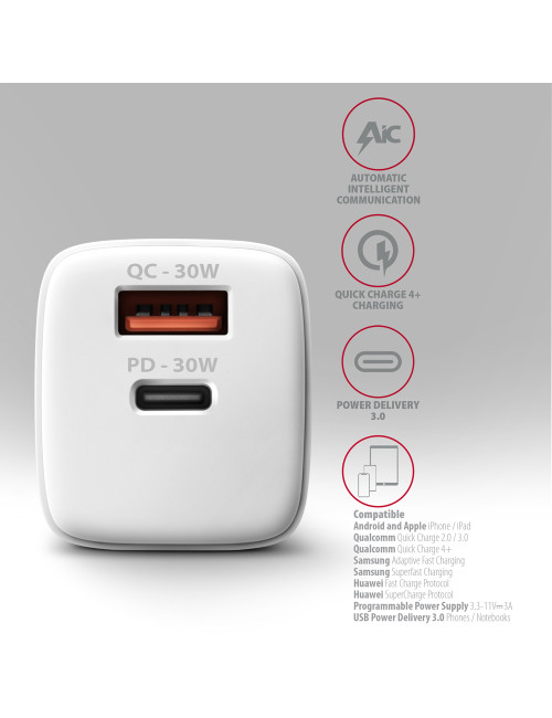 AXAGON Wall Charger 2x port (USB-A+USB-C), 30W | ACU-PQ30W