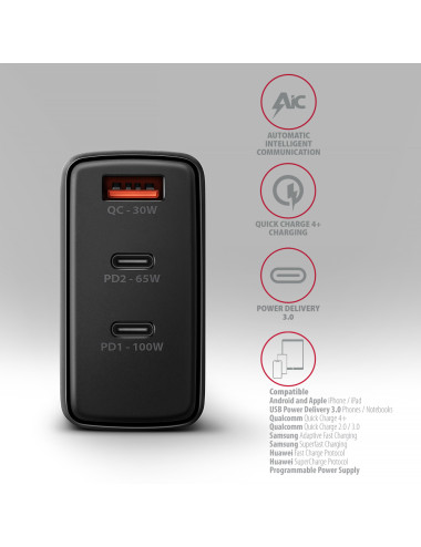 AXAGON GaN wallcharger, 3x port (USB-A + 2x USB-C), PD3.0/PPS/QC4+/SFC2.0/AFC/SCP/FCP/Apple, 100W | ACU-DPQ100