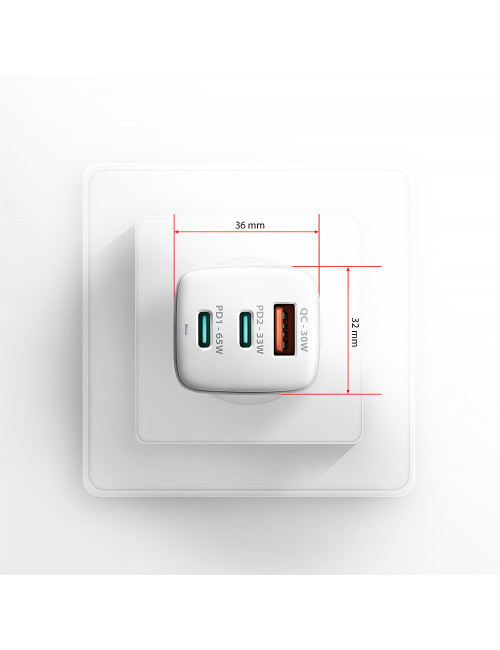 AXAGON GaN wallcharger 3x port (USB-A + 2x USB-C), PD3.0/PPS/QC4+/SFC2.0/AFC/SCP/FCP/Apple, 65W | ACU-DPQ65W