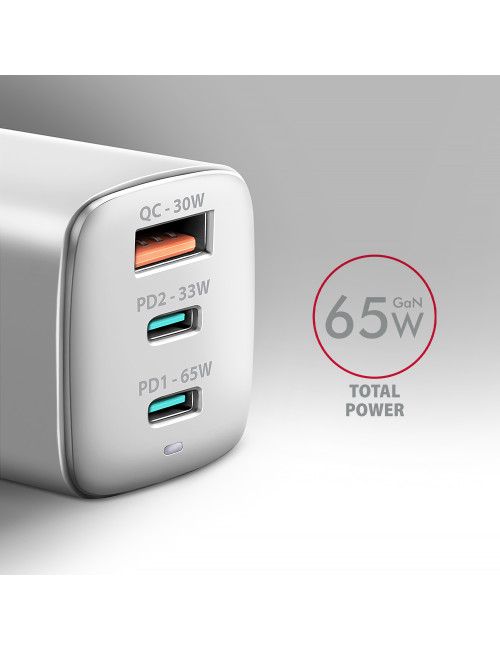 AXAGON GaN wallcharger 3x port (USB-A + 2x USB-C), PD3.0/PPS/QC4+/SFC2.0/AFC/SCP/FCP/Apple, 65W | ACU-DPQ65W