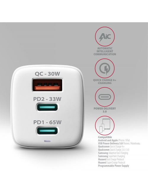 AXAGON GaN wallcharger 3x port (USB-A + 2x USB-C), PD3.0/PPS/QC4+/SFC2.0/AFC/SCP/FCP/Apple, 65W | ACU-DPQ65W