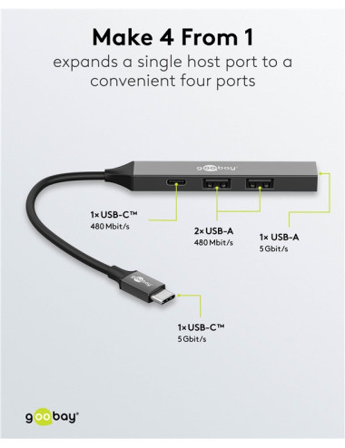 Goobay Slim 4-Port USB Hub, USB-C to USB-C/USB-A, 5 Gbit/s | 74459