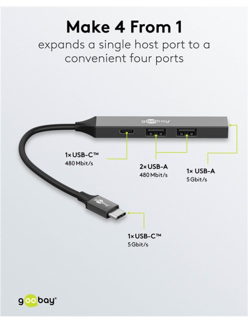 Goobay Slim 4-Port USB Hub, USB-C to USB-C/USB-A, 5 Gbit/s | 74459