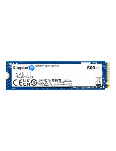SSD|KINGSTON|NV3|500GB|M.2|PCIE|NVMe|3D NAND|Write speed 3000 MBytes/sec|Read speed 5000 MBytes/sec|TBW 160 TB|MTBF 200000 hours
