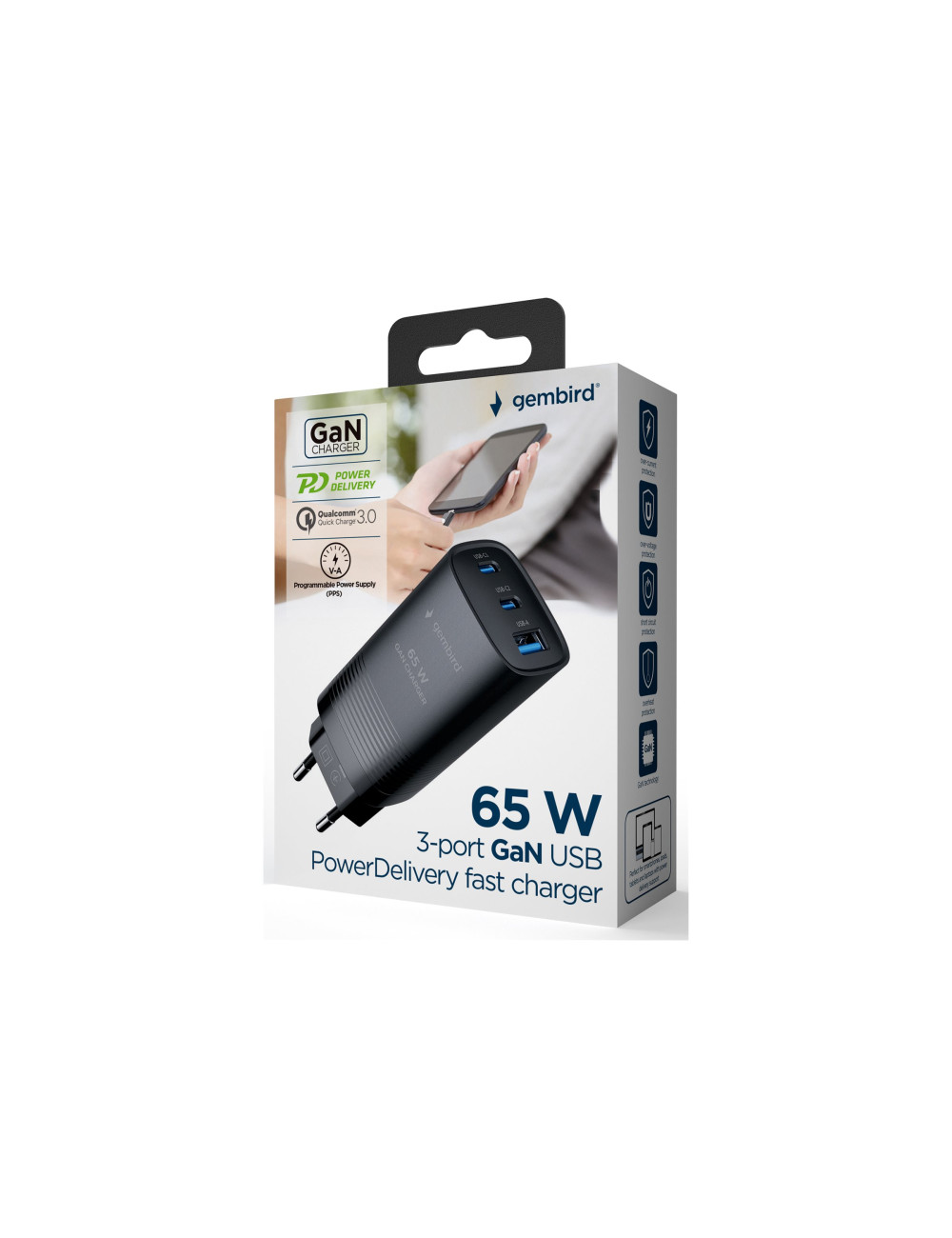 Cablexpert 3-port 65 W GaN USB PowerDelivery fast charger | TA-UC-PDQC65-01-BK