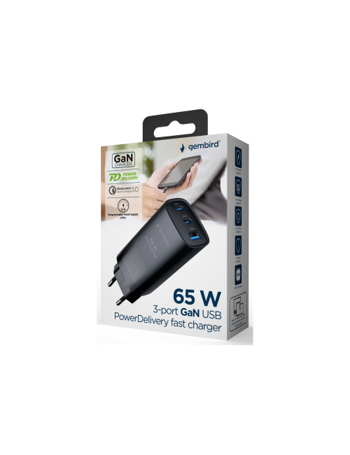 Cablexpert 3-port 65 W GaN USB PowerDelivery fast charger | TA-UC-PDQC65-01-BK