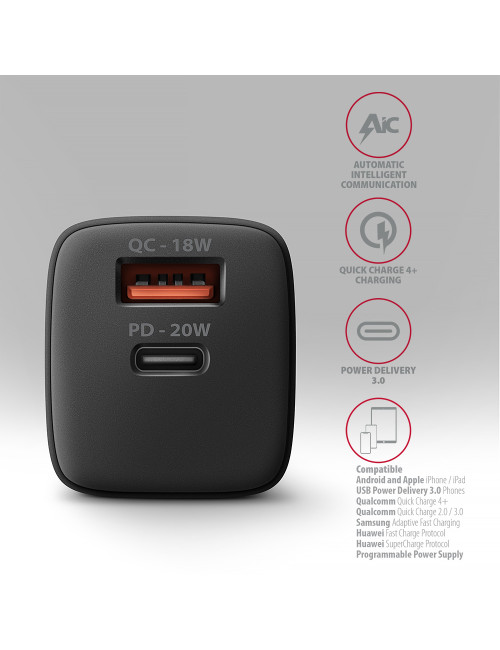 AXAGON Wallcharger 2x port (USB-A + USB-C), 20W | ACU-PQ20