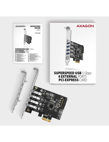 AXAGON PCI-Express card with four external USB 3.2 Gen1 ports with dual power | PCEU-43RS