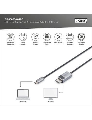 Digitus Bi-directional Adapter Cable | DB-300334-010-S | USB-C to DisplayPort