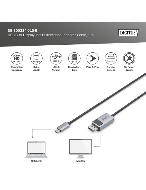 Digitus Bi-directional Adapter Cable | DB-300334-010-S | USB-C to DisplayPort