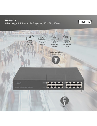 8-Port Gigabit Ethernet PoE Injector, 802.3bt, 250 W | DN-95118