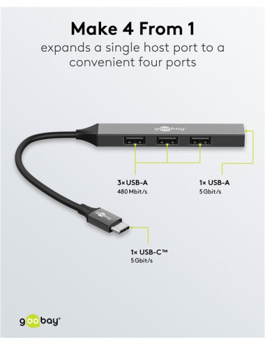 Goobay Slim 4-Port USB Hub, USB-C to USB-A, 5 Gbit/s | 74457