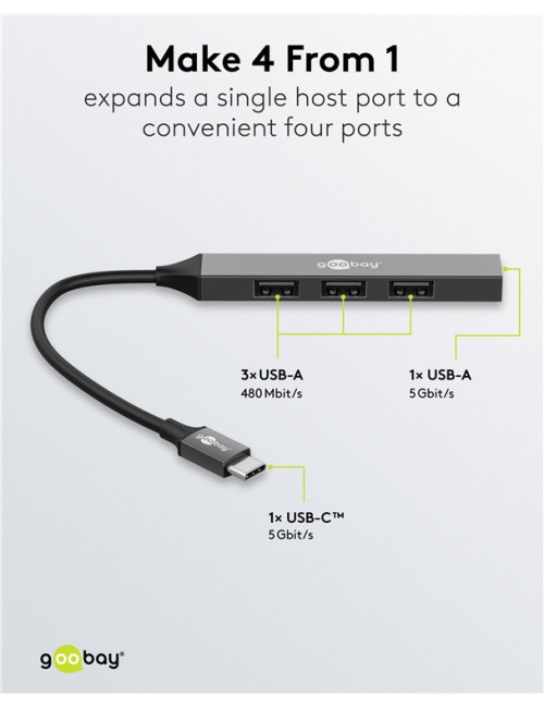 Goobay Slim 4-Port USB Hub, USB-C to USB-A, 5 Gbit/s | 74457