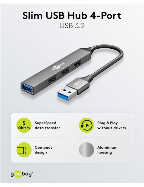 Goobay Slim 4-Port USB Hub, USB-A to USB-A, 5 Gbit/s | 74456