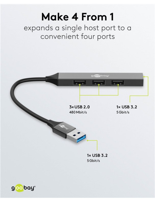 Goobay Slim 4-Port USB Hub, USB-A to USB-A, 5 Gbit/s | 74456