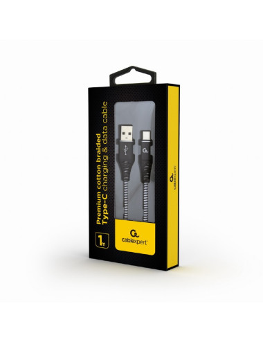 Cablexpert | Premium cotton braided Type-C USB charging and data cable, 1 m | CC-USB2B-AMCM-1M-BW