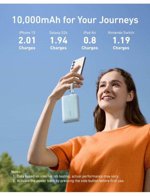 Anker Power Bank with Built-In USB-C and + Lighting Cable | A1680031 | 10000 mAh | 30W Output | Blue