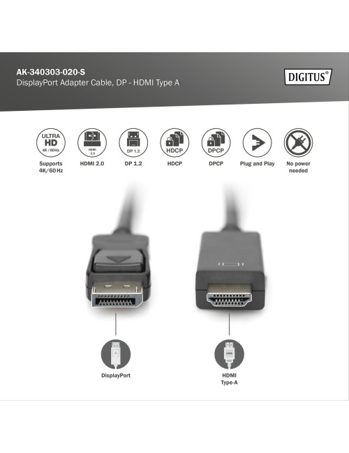 Digitus Adapter Cable, DP - HDMI type A | DisplayPort to HDMI | 2 m