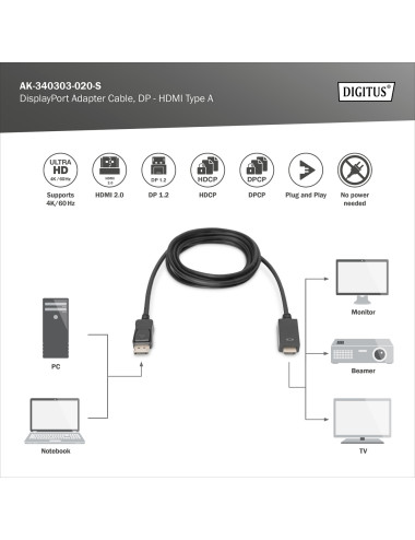 Digitus Adapter Cable, DP - HDMI type A | DisplayPort to HDMI | 2 m